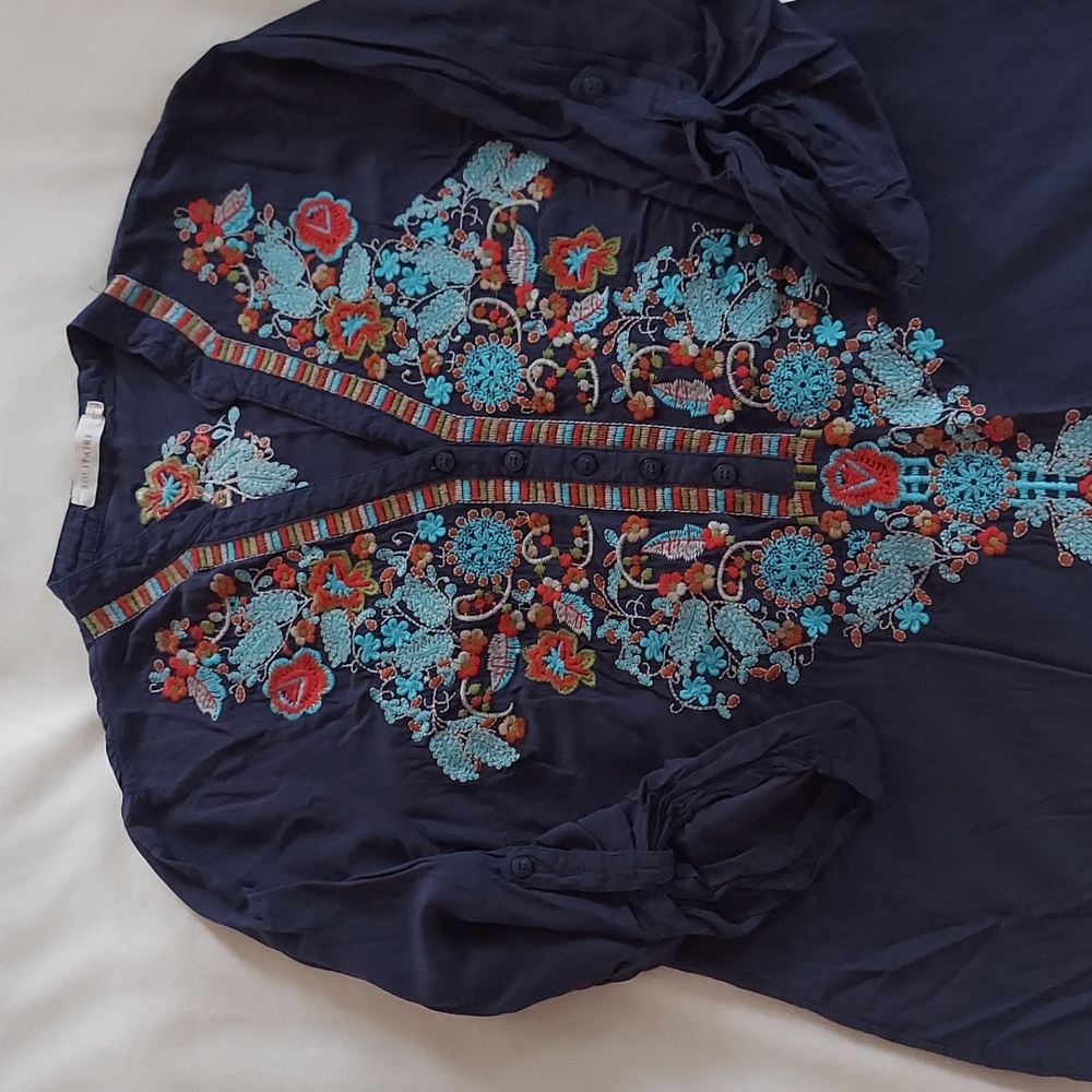 Solitaire Navy Blue Blouse with Colorful Embroidery